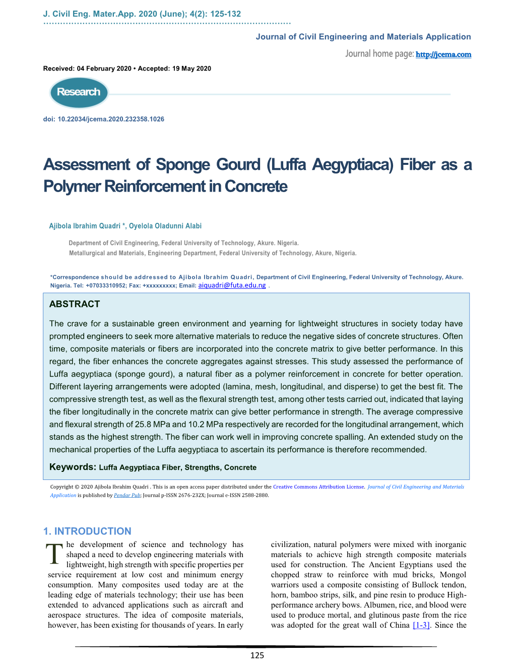 (Luffa Aegyptiaca) Fiber As a Polymer Reinforcement in Concrete