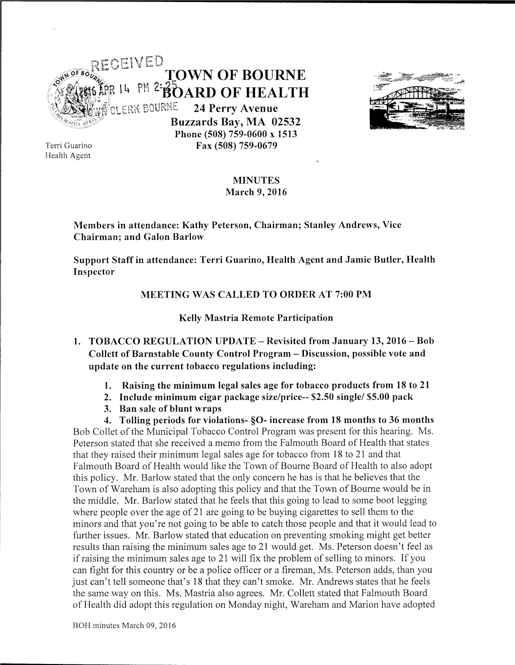 Board of Health Meeting Minutes March 9, 2016