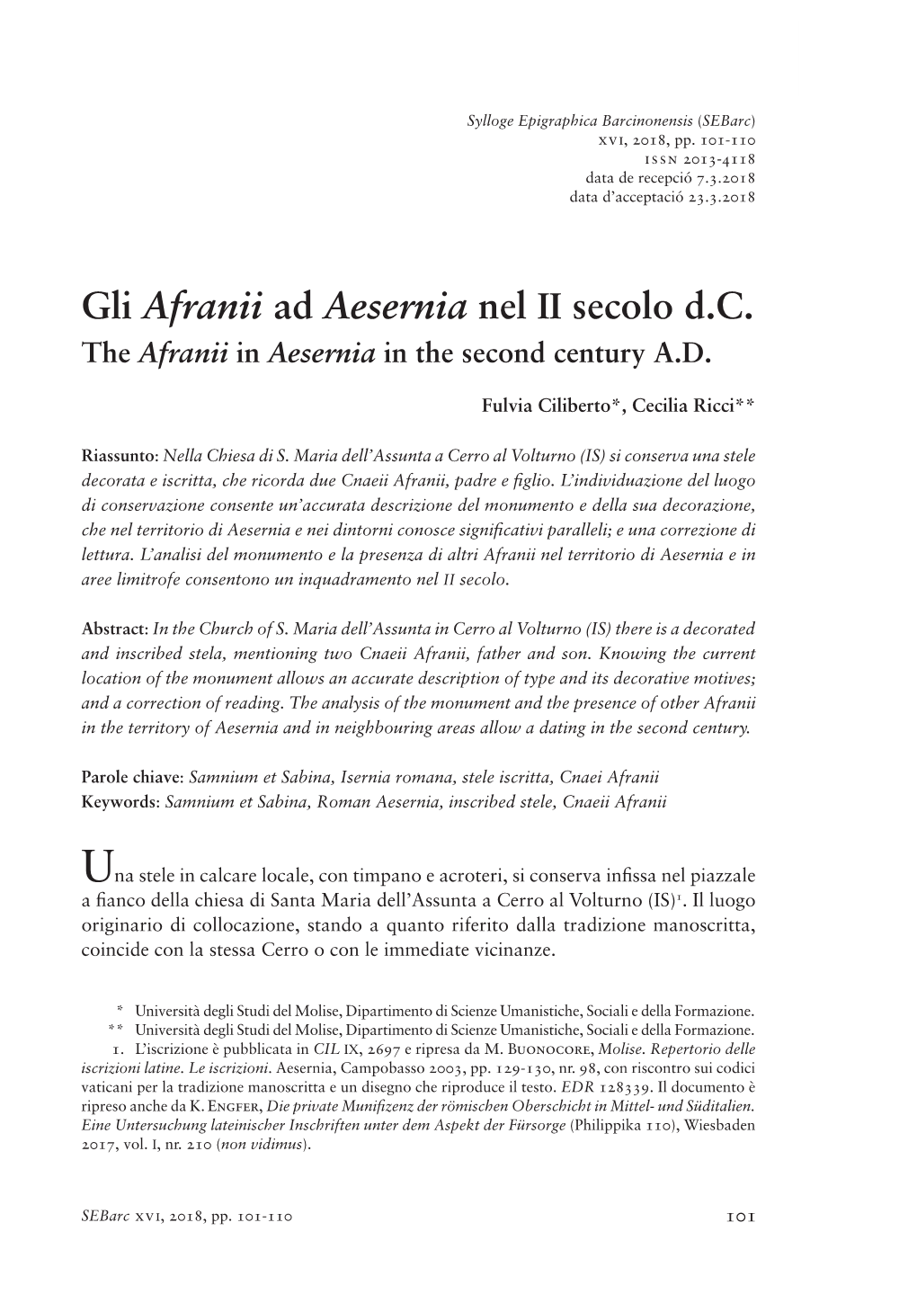 Gli Afranii Ad Aesernia Nel II Secolo D.C. the Afranii in Aesernia in the Second Century A.D