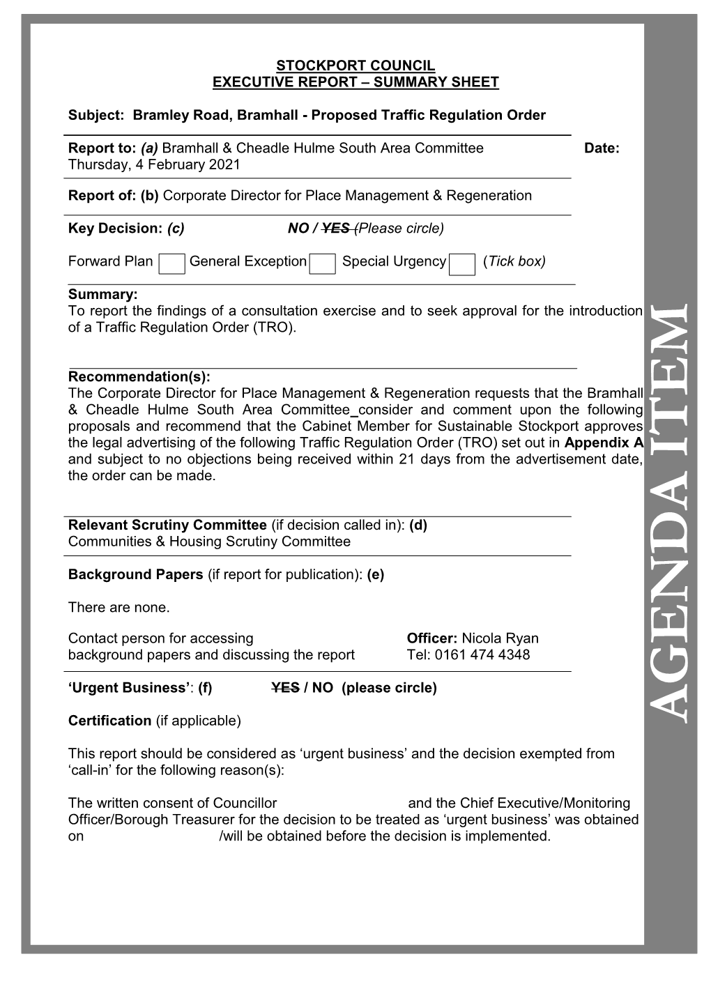 Bramley Road, Bramhall - Proposed Traffic Regulation Order