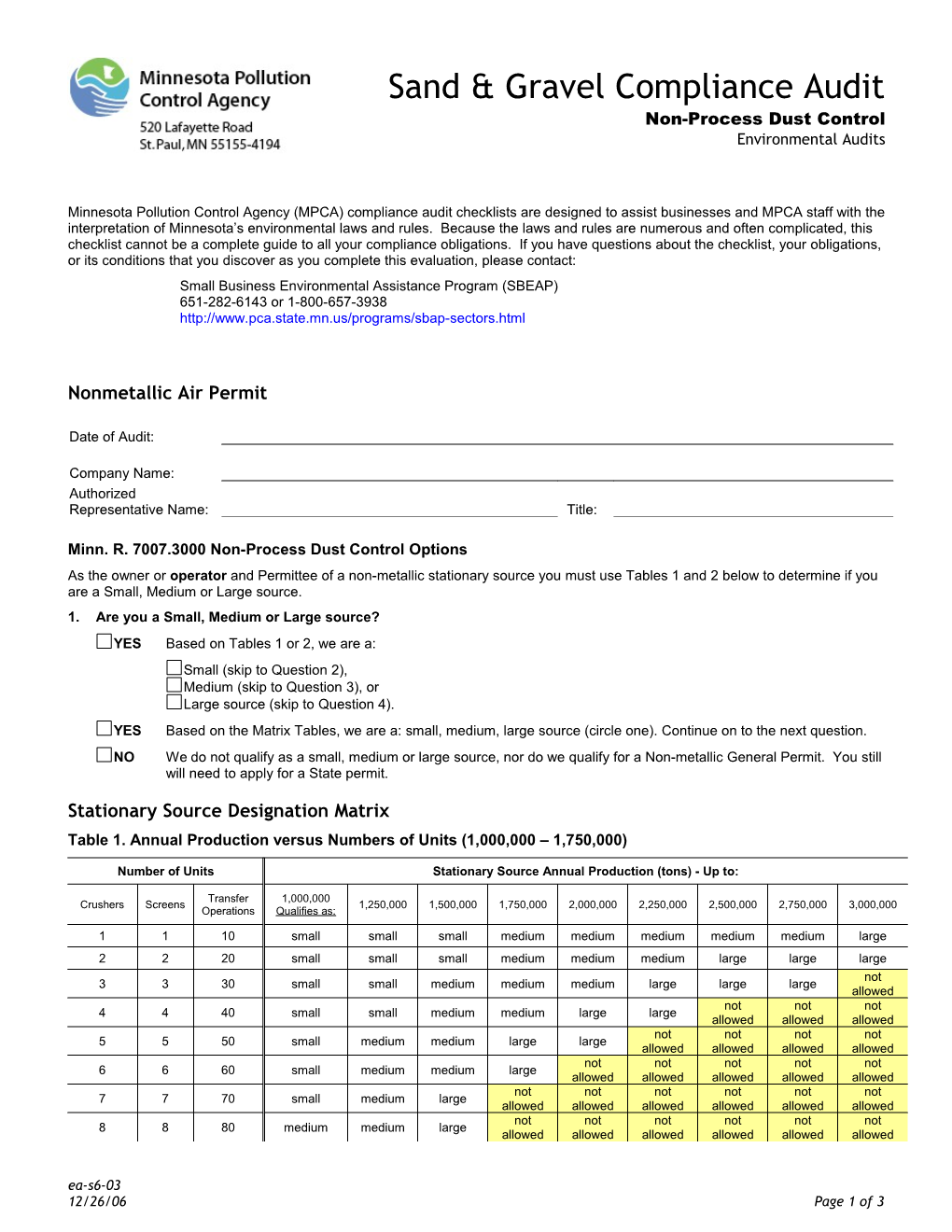 Sand and Gravel Compliance Audit - Non-Process Dust Control - Environmental Audits Form