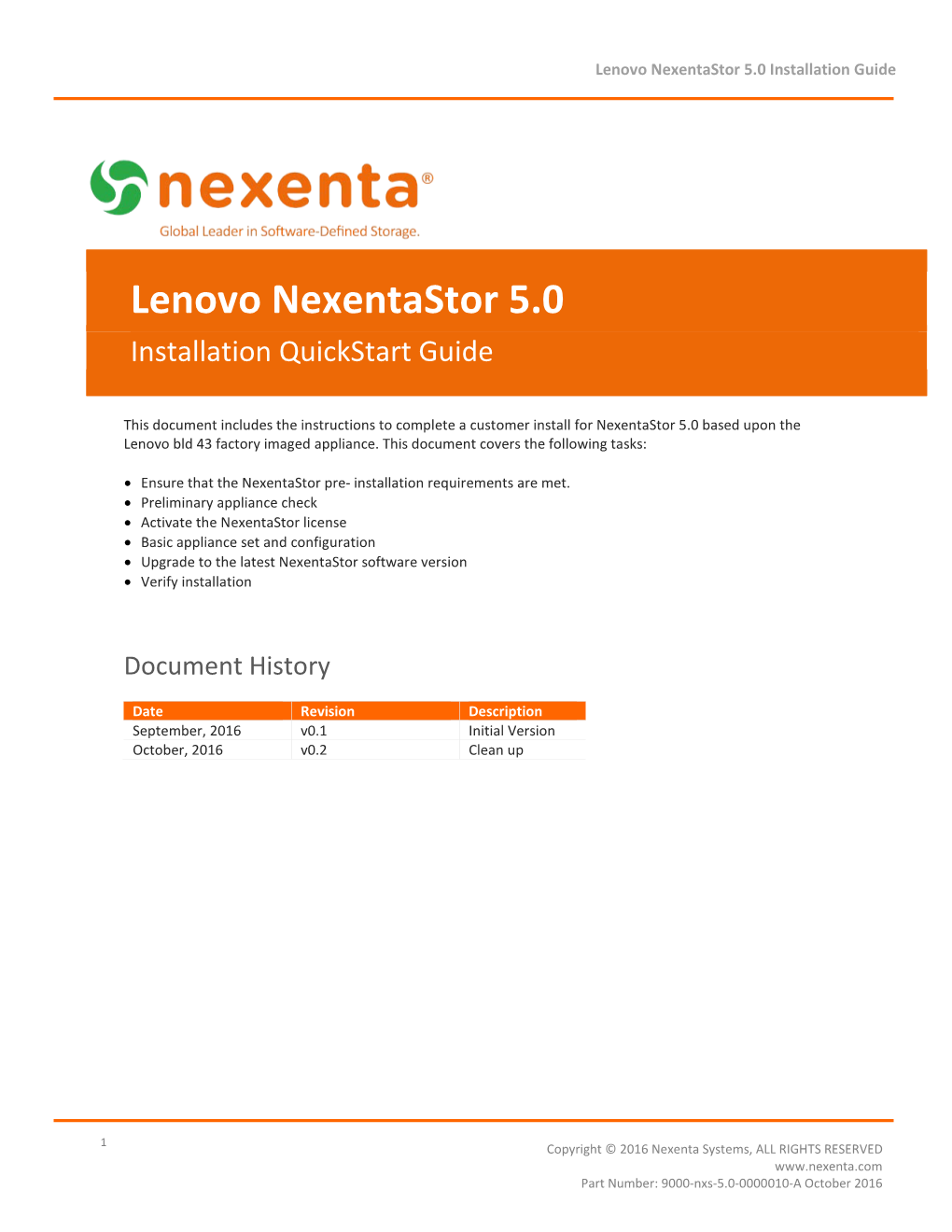 Lenovo Nexentastor 5.0 Installation Quickstart Guide