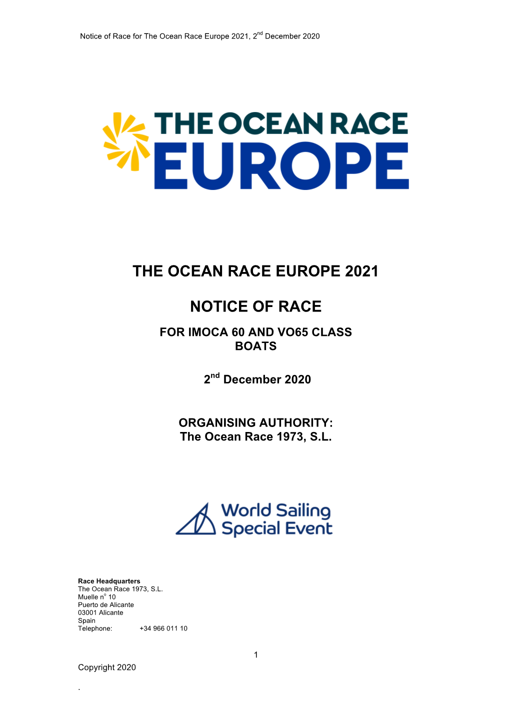 The Ocean Race Europe 2021 Notice of Race