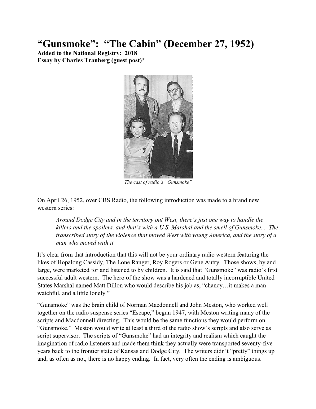 Gunsmoke”: “The Cabin” (December 27, 1952) Added to the National Registry: 2018 Essay by Charles Tranberg (Guest Post)*