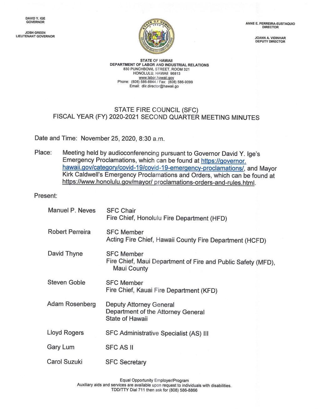 State Fire Council (Sfc) Fiscal Year (Fy) 2020-2021 Second Quarter Meeting Minutes