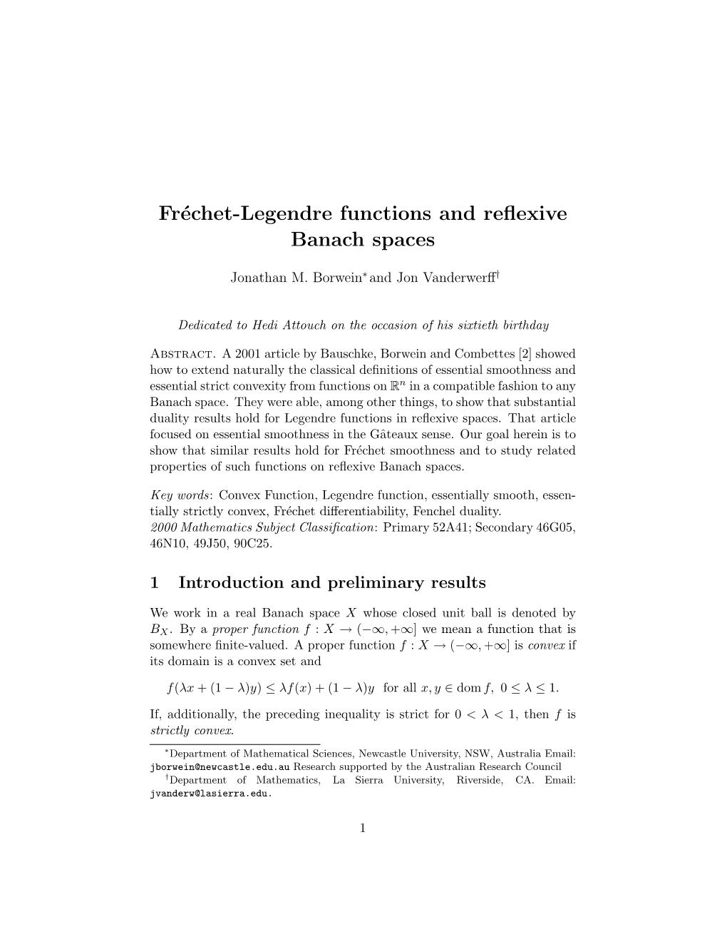 Fréchet-Legendre Functions and Reflexive Banach Spaces