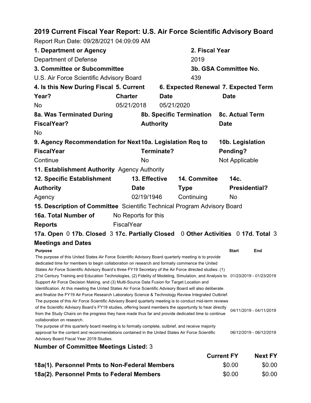 2019 Current Fiscal Year Report: U.S. Air Force Scientific Advisory Board Report Run Date: 09/28/2021 04:09:09 AM 1