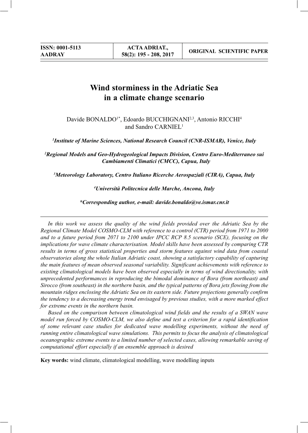 Wind Storminess in the Adriatic Sea in a Climate Change Scenario