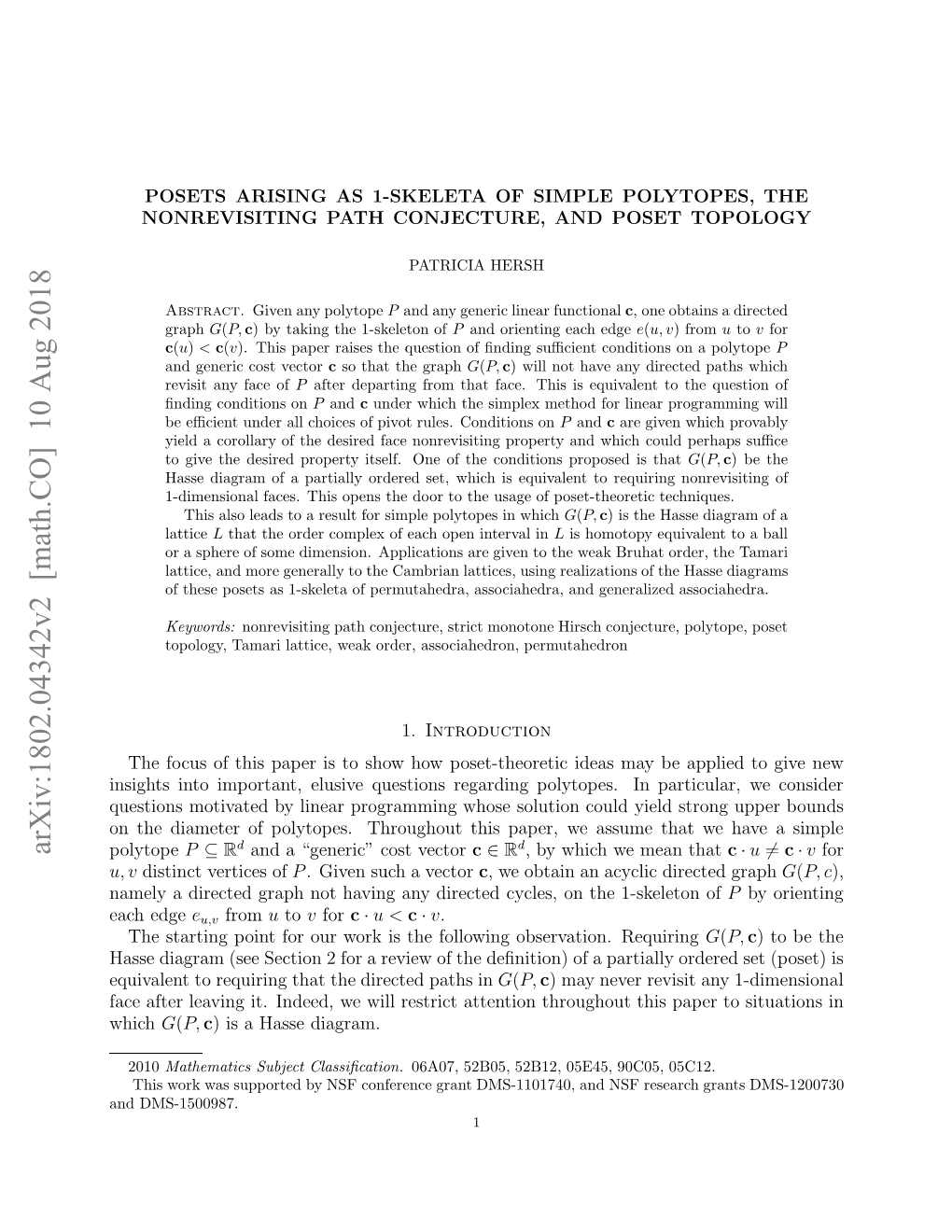 Arxiv:1802.04342V2 [Math.CO] 10 Aug 2018 Ntedaee Fpltps Hogotti Ae,W Suet Assume We Paper, This Throughout Polytopes