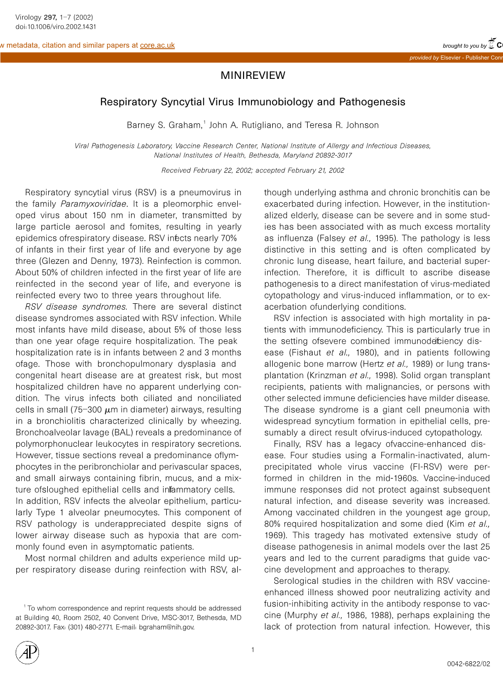 Respiratory Syncytial Virus Immunobiology and Pathogenesis