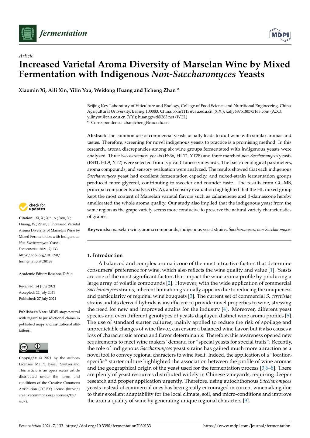 Increased Varietal Aroma Diversity of Marselan Wine by Mixed Fermentation with Indigenous Non-Saccharomyces Yeasts