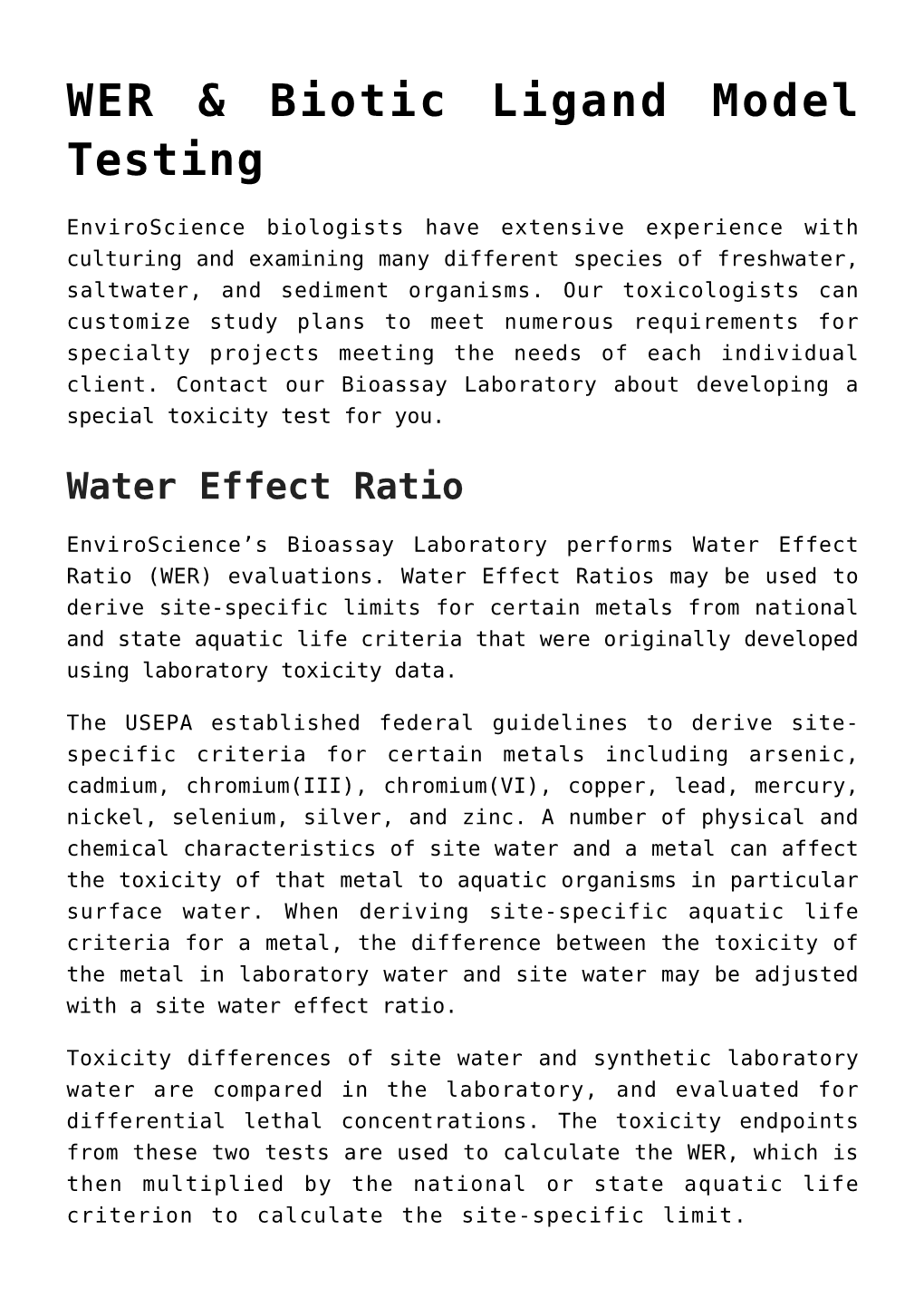 WER &#038; Biotic Ligand Model Testing