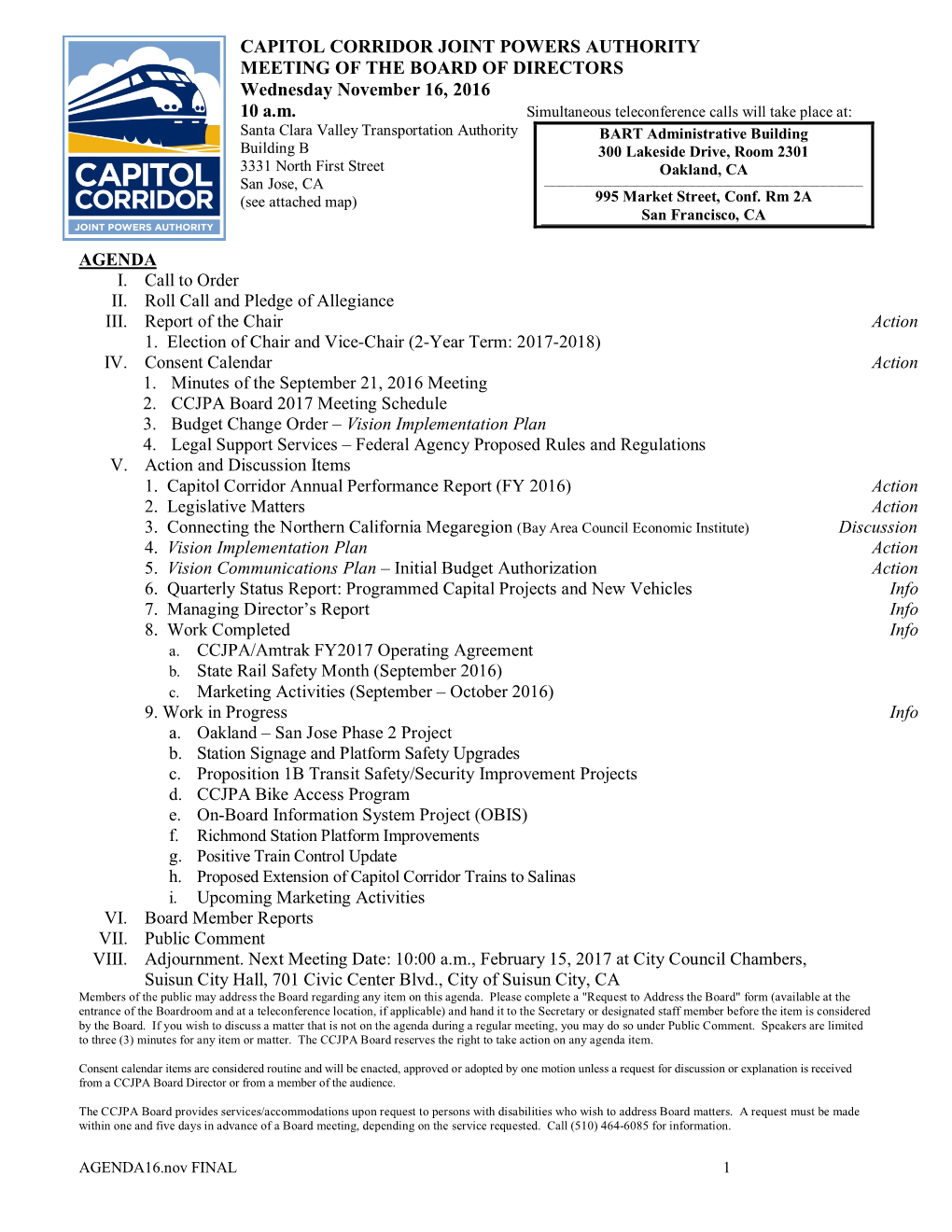 Capitol Corridor Joint Powers Board DATE: November 8, 2016