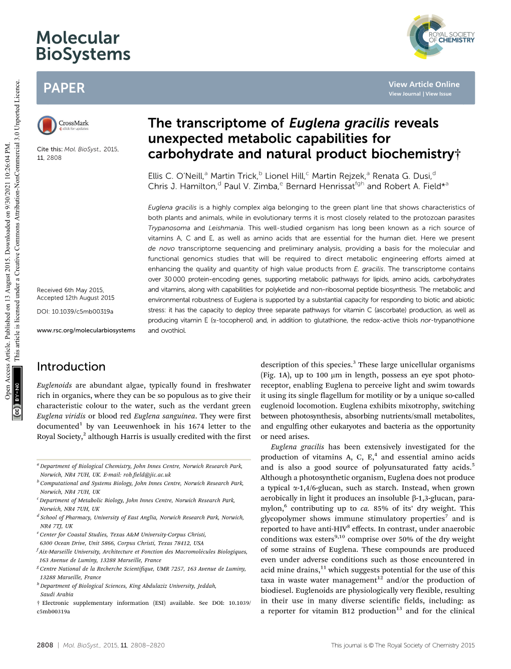 Euglena Gracilis Reveals Unexpected Metabolic Capabilities for Cite This: Mol