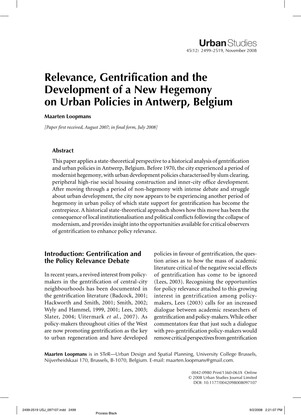 Relevance, Gentrification and the Development of a New Hegemony on Urban Policies in Antwerp, Belgium