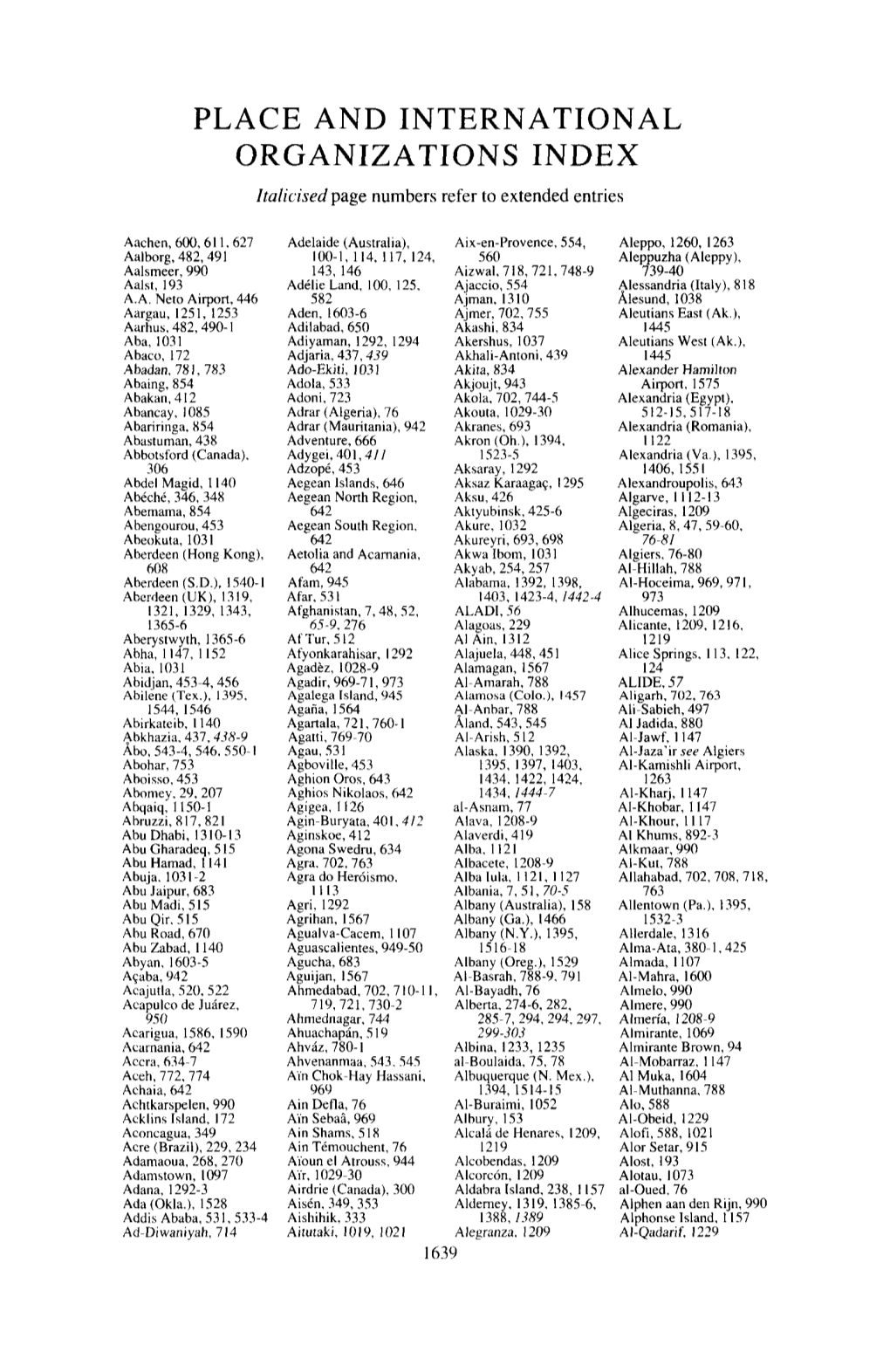 PLACE and INTERNATIONAL ORGANIZATIONS INDEX Italicised Page Numbers Refer to Extended Entries