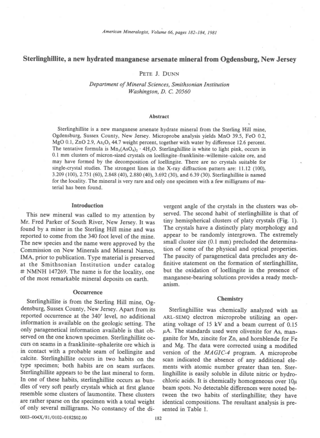 Sterlinghillite, a New Hydrated Manganese Arsenate Mineral from Ogdensburg, New Jersey