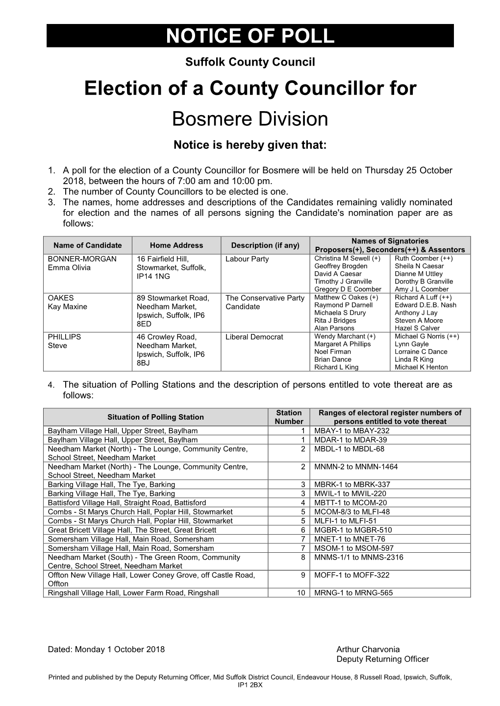 NOTICE of POLL Election of a County Councillor for Bosmere