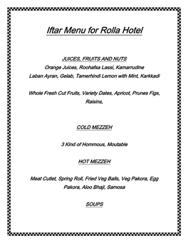 Iftar Menu for Rolla Hotel