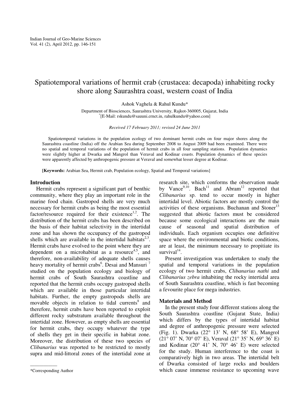 Spatiotemporal Variations of Hermit Crab (Crustacea: Decapoda) Inhabiting Rocky Shore Along Saurashtra Coast, Western Coast of India