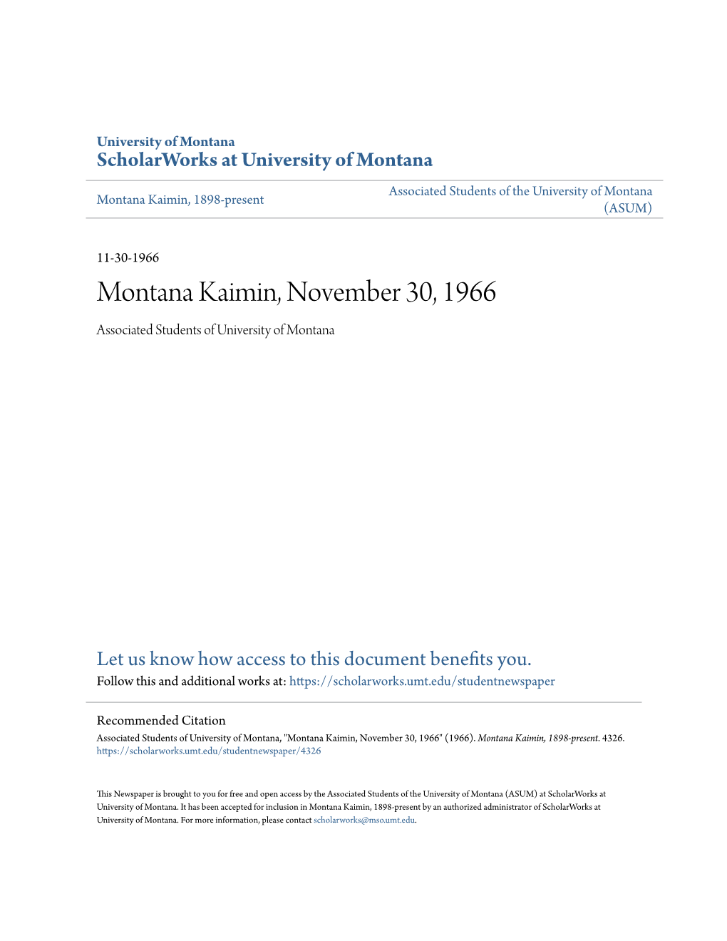 Montana Kaimin, November 30, 1966 Associated Students of University of Montana