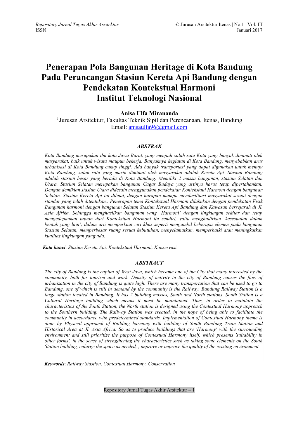 Penerapan Pola Bangunan Heritage Di Kota Bandung Pada Perancangan Stasiun Kereta Api Bandung Dengan Pendekatan Kontekstual Harmoni Institut Teknologi Nasional