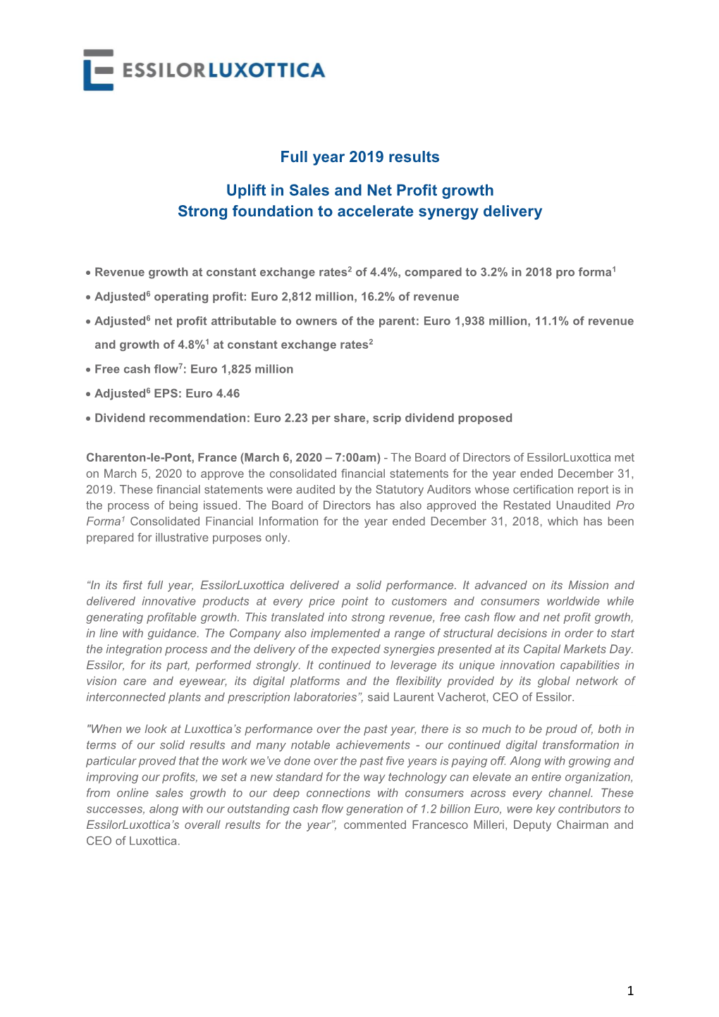 Full Year 2019 Results Uplift in Sales and Net Profit Growth Strong Foundation to Accelerate Synergy Delivery