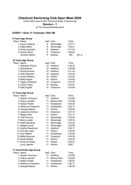 Cheshunt Swimming Club Open Meet 2009 Under ASA Laws & ASA Technical Rules of Swimming Session - 1 at the Venue Borehamwood