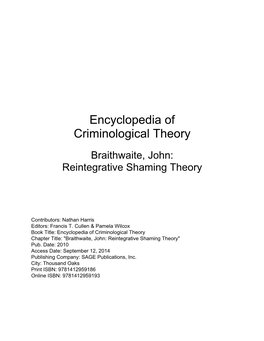 Braithwaite, John: Reintegrative Shaming Theory