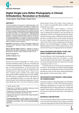 Digital Single Lens Reflex Photography in Clinical Orthodontics: Revolution Or Evolution 1Anupam Agarwal, 2Shalu Mahajan, 3Santosh Verma