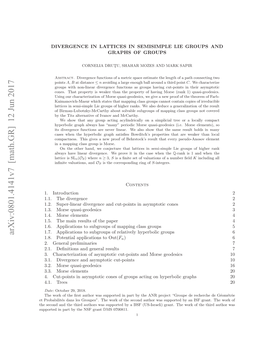 DIVERGENCE in LATTICES in SEMISIMPLE LIE GROUPS and GRAPHS of GROUPS 3 Example, a Group Has Linear Or Superlinear Divergence Without Specifying a Generating Set