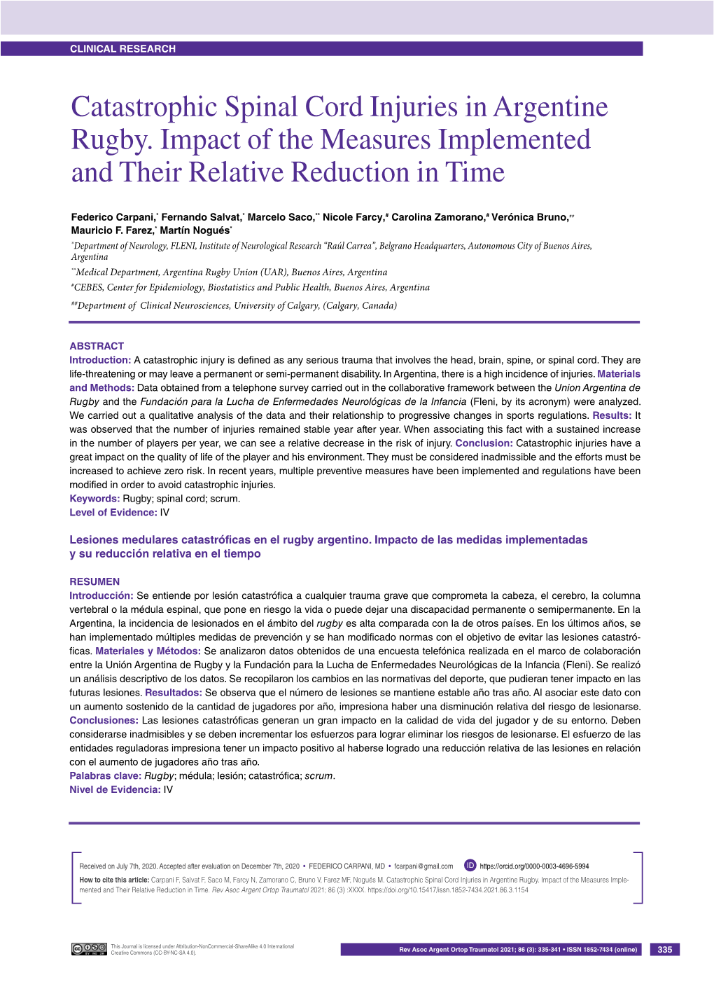 Catastrophic Spinal Cord Injuries in Argentine Rugby. Impact of the Measures Implemented and Their Relative Reduction in Time