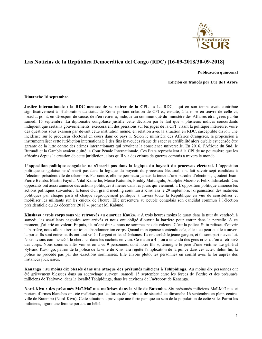 Las Noticias De La República Democrática Del Congo (RDC) [16-09-2018/30-09-2018]