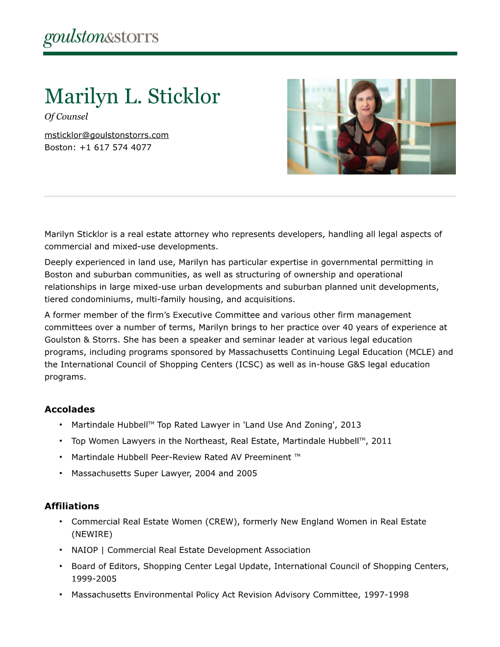 Marilyn L. Sticklor of Counsel Msticklor@Goulstonstorrs.Com Boston: +1 617 574 4077