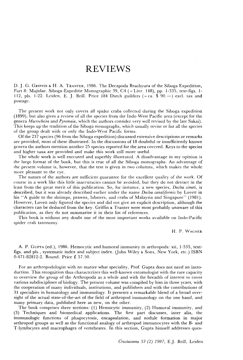 REVIEWS DJG GRIFFIN & HA TRANTER, 1986. The