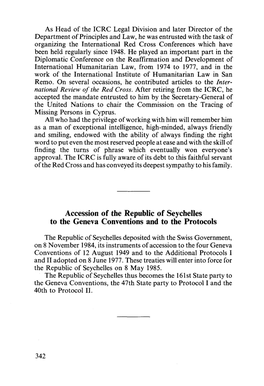 Accession of the Republic of Seychelles to the Geneva Conventions and to the Protocols