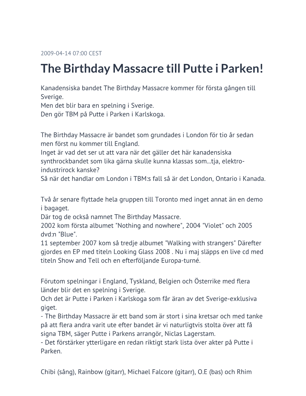 The Birthday Massacre Till Putte I Parken!