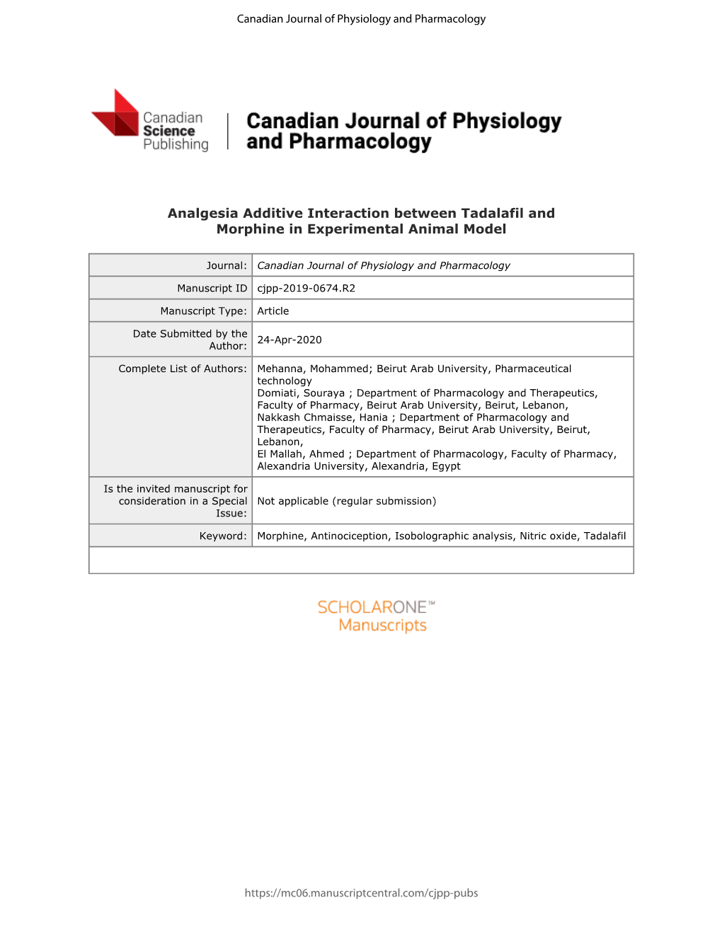 Analgesia Additive Interaction Between Tadalafil and Morphine in Experimental Animal Model