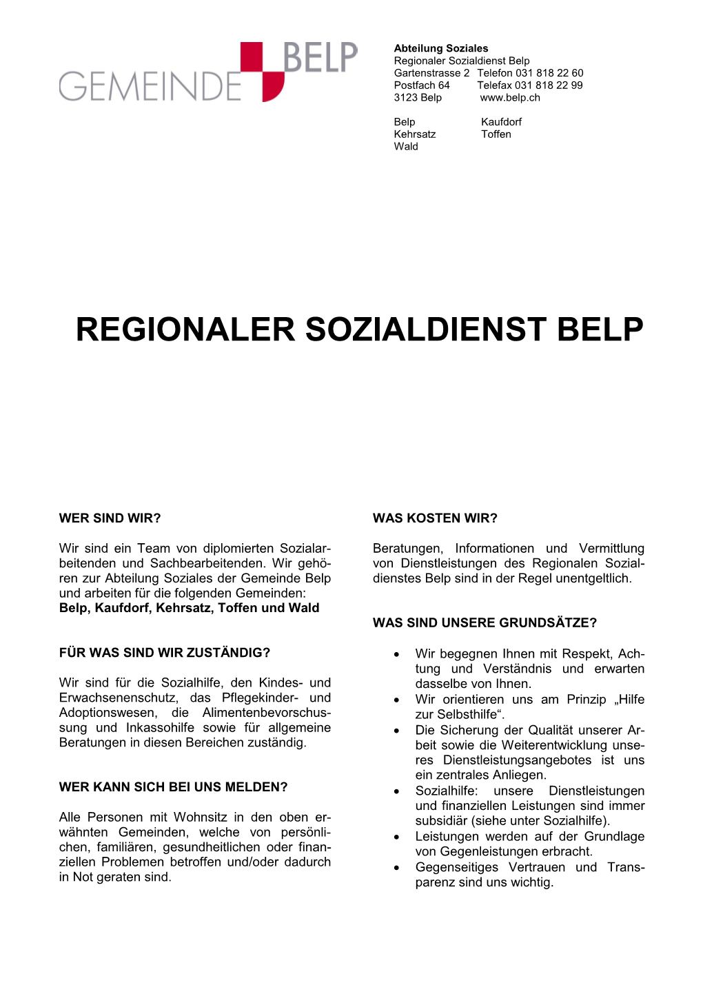 Flyer Des Regionalen Sozialdienstes Belp