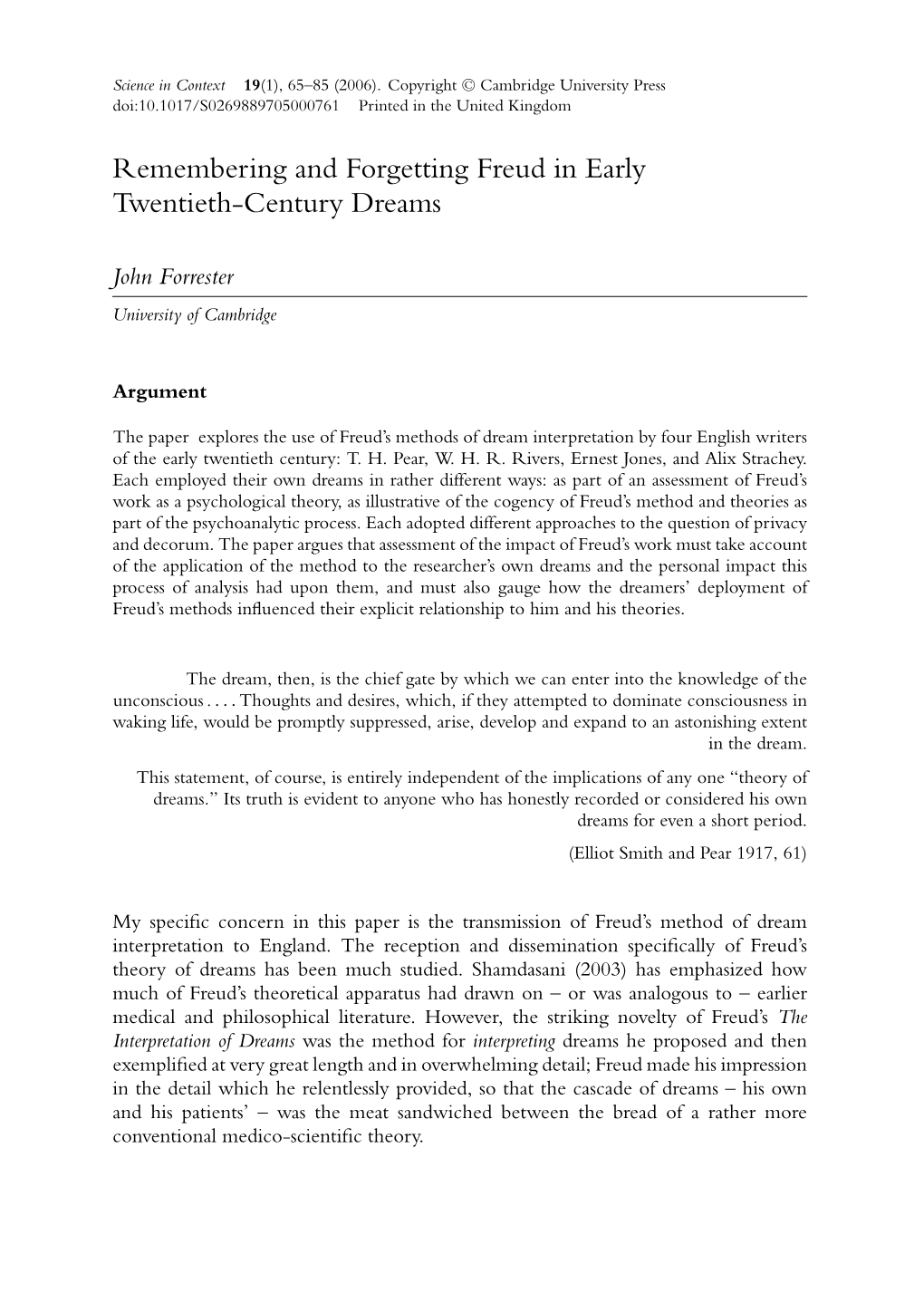 Remembering and Forgetting Freud in Early Twentieth-Century Dreams (Journal Article)