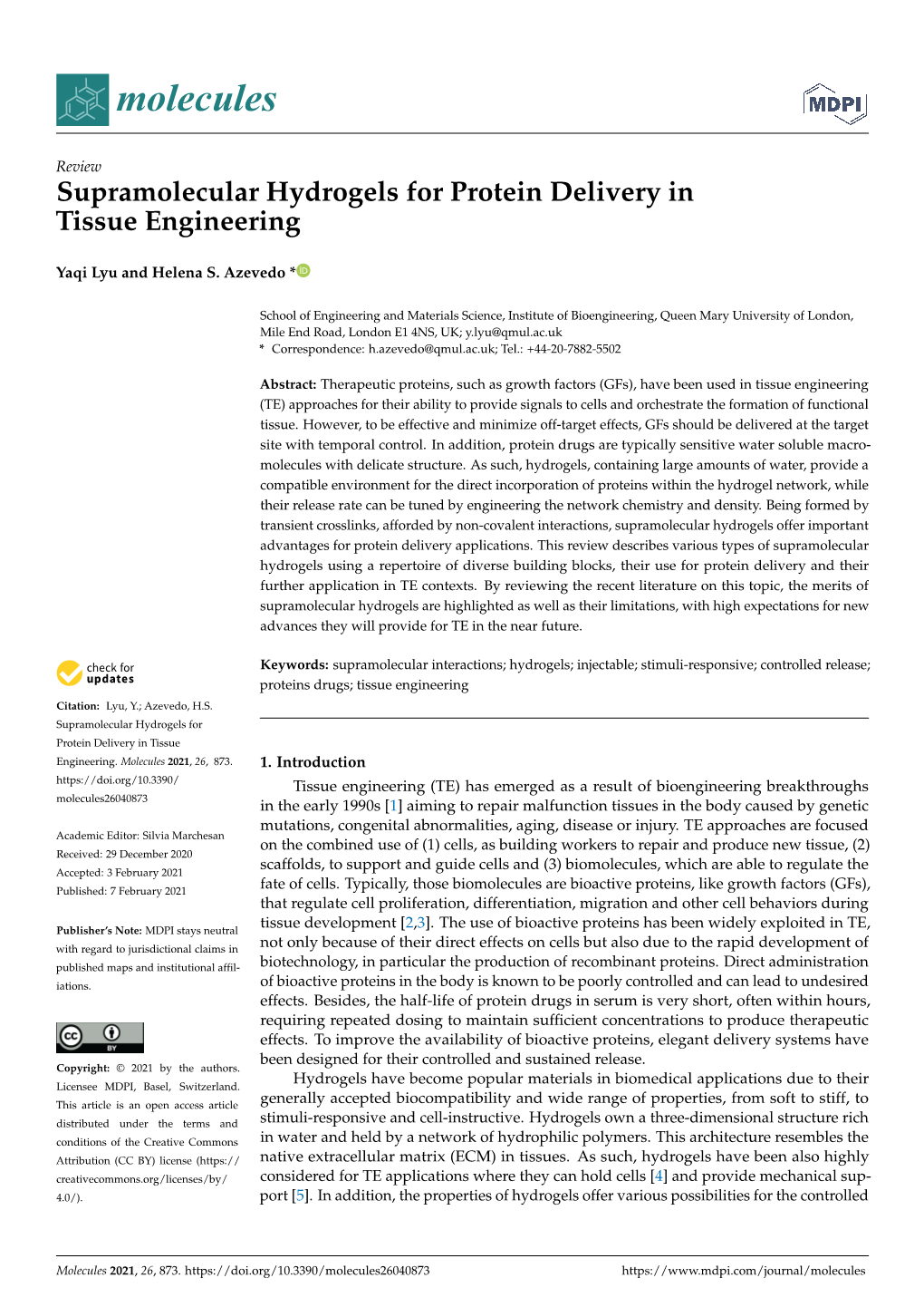 Supramolecular Hydrogels for Protein Delivery in Tissue Engineering