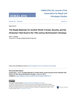 The Ready Materials for Another World: Frontier, Security, and the Hindustan-Tibet Road in the 19Th Century Northwestern Himalaya