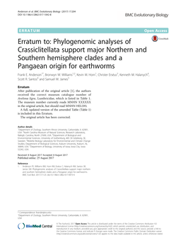 Erratum To: Phylogenomic Analyses of Crassiclitellata Support Major Northern and Southern Hemisphere Clades and a Pangaean Origin for Earthworms Frank E