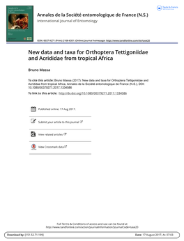 New Data and Taxa for Orthoptera Tettigoniidae and Acrididae from Tropical Africa