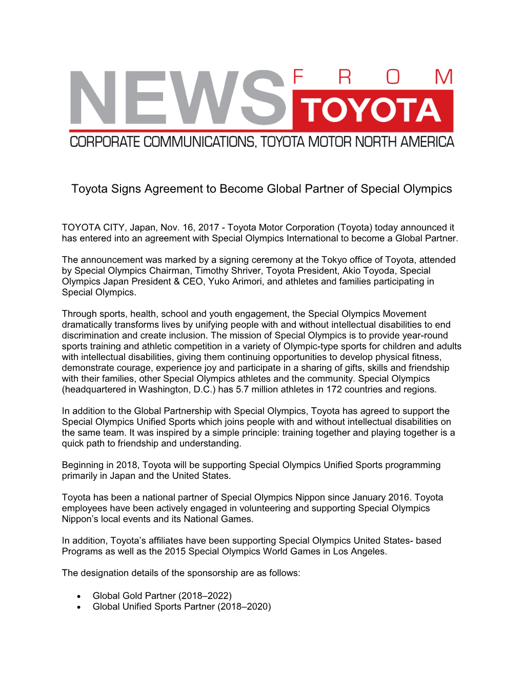 Toyota Signs Agreement to Become Global Partner of Special Olympics