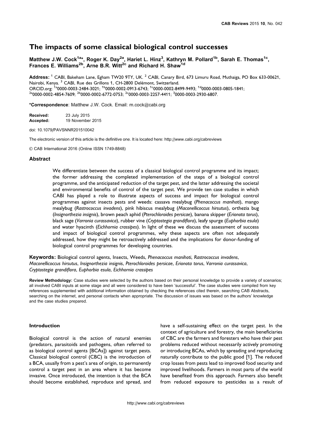 The Impacts of Some Classical Biological Control Successes, Cock M. Et Al., CAB Reviews 2015 10