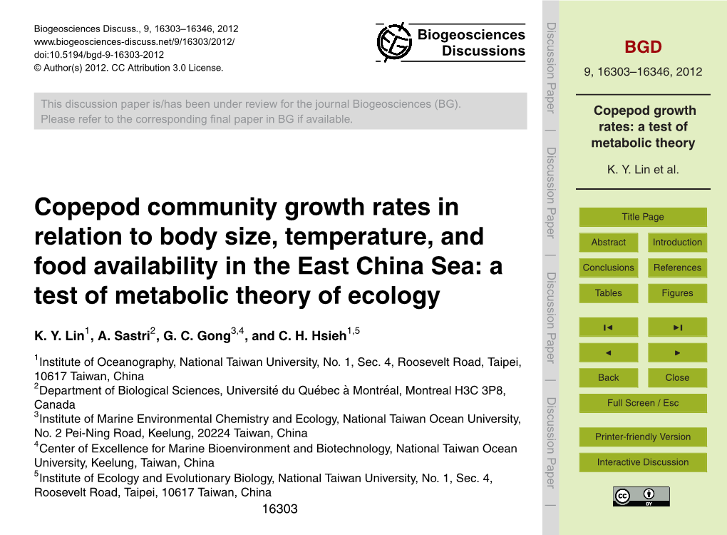 Copepod Growth Rates: a Test of Metabolic Theory