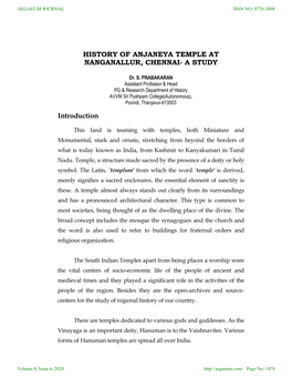 History of Anjaneya Temple at Nanganallur, Chennai- a Study
