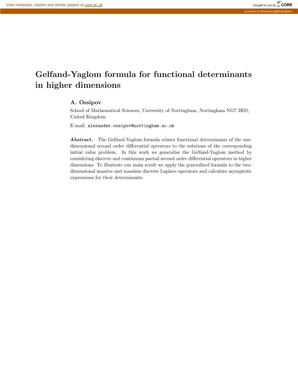 Gelfand-Yaglom Formula for Functional Determinants in Higher Dimensions