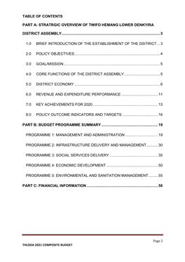 Table of Contents Part A: Stratrgic Overview of Twifo Hemang Lower Denkyira District Assembly